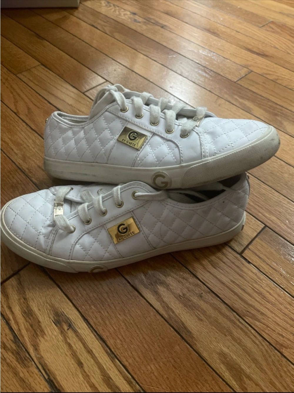 GUESS White Quilted Kids Lace-Up Sneakers with Gold Accents